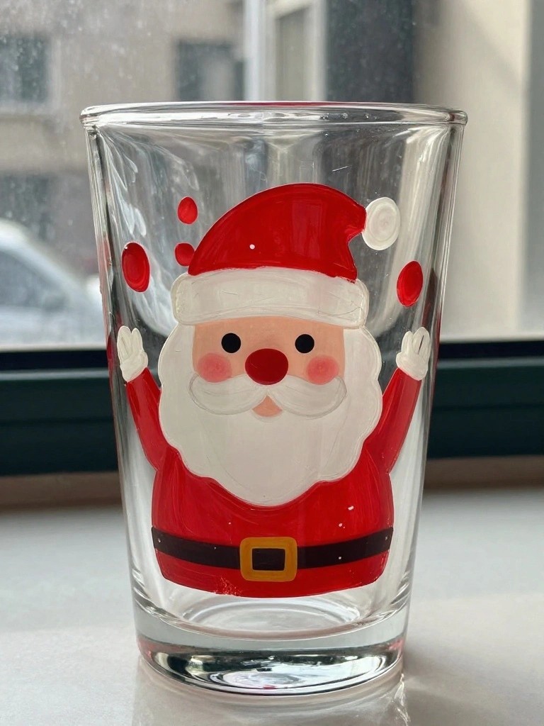 Clear glass with painted Santa Claus in red suit waving both arms