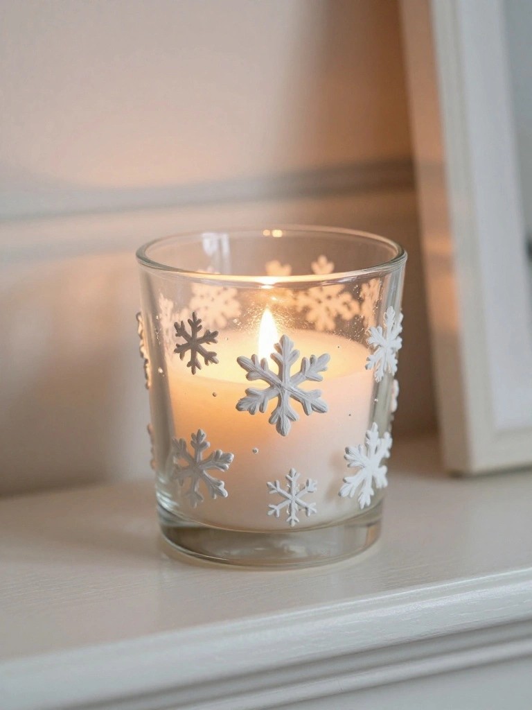 A lit candle inside a clear glass holder painted with white snowflake designs.