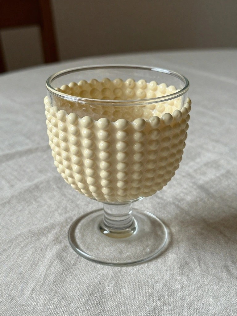 Cream beaded glass goblet with stem base on white tablecloth
