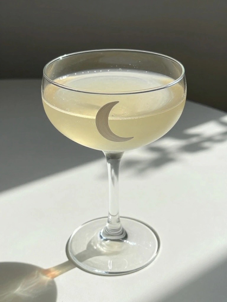 Coupe glass of pale bubbly liquid with etched crescent moon on white surface