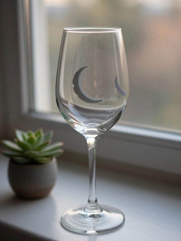 Wine glass etched with crescent moon and feather beside potted succulent on windowsill