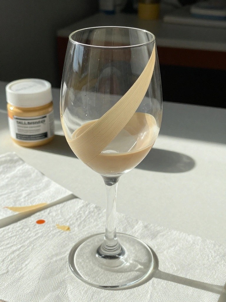 A clear wine glass with a diagonal beige painted band sits on a paper towel next to an open jar of beige paint.