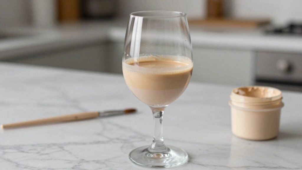 23 Minimalist Wine Glass Painting Ideas in Clean Lines and Neutral Colors Wine glass of beige foundation beside open jar and makeup brush on marble counter