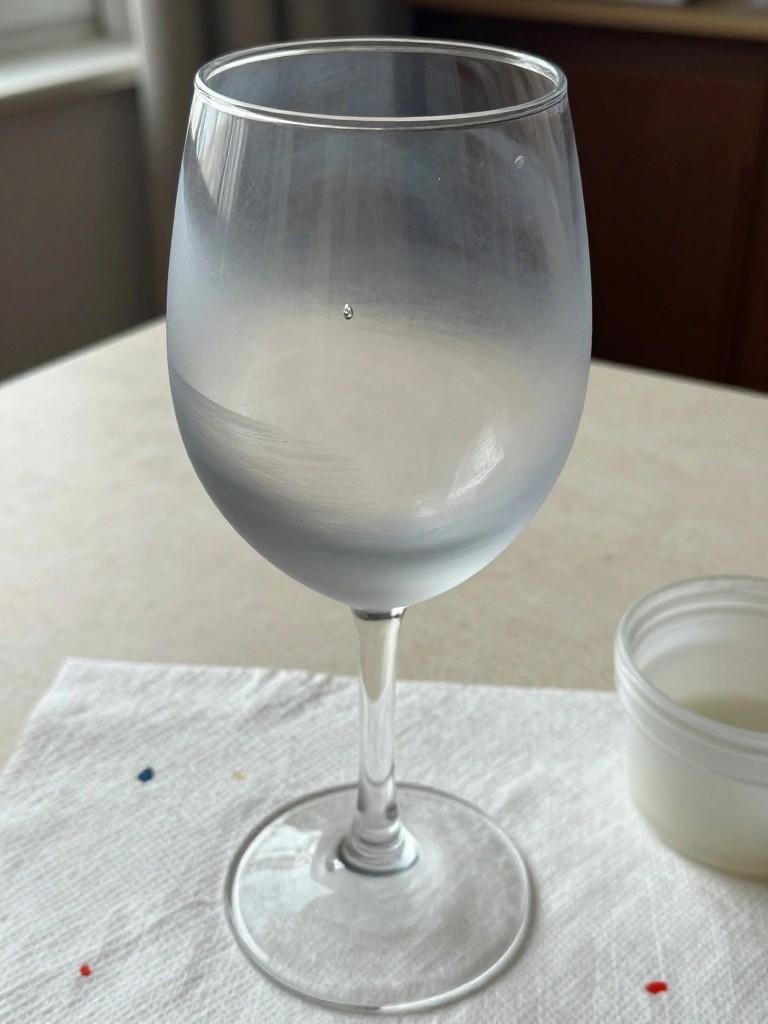 Wine glass with water droplet on speckled paper towel beside small container