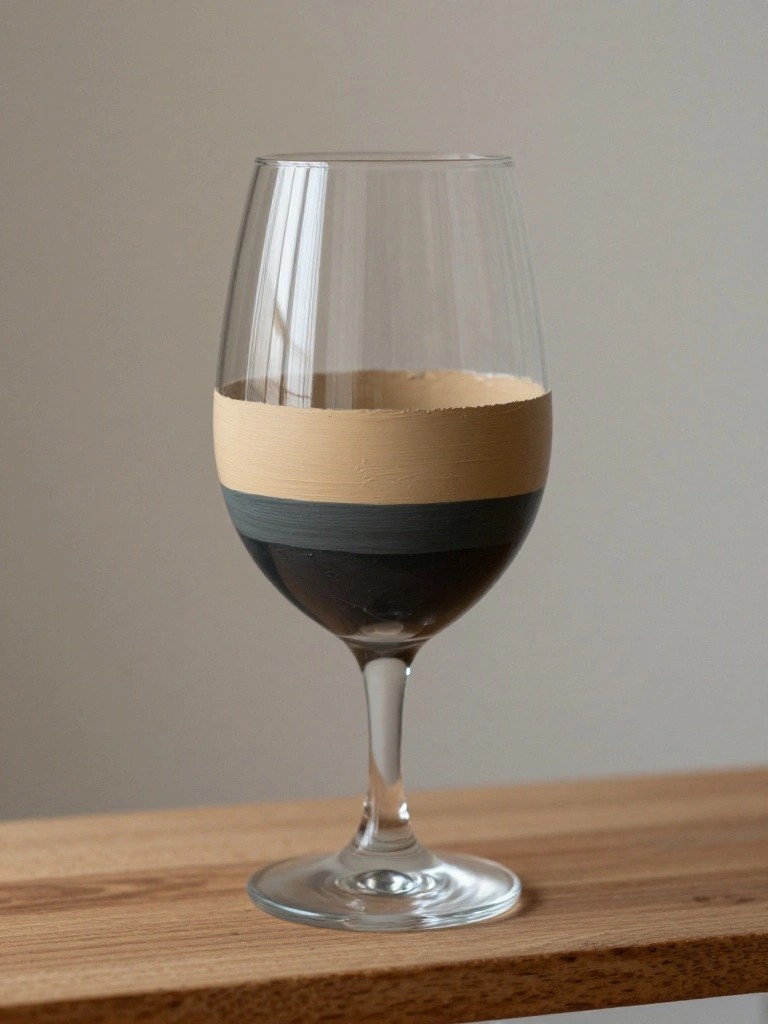 Wine glass with beige and gray painted bands on wooden table