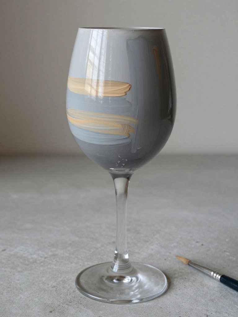 Wine glass with gray and beige brushstrokes beside a small paintbrush on table