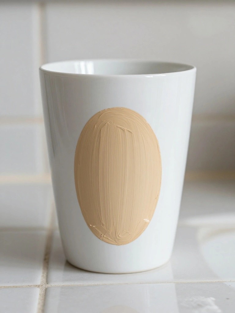 White mug with oval beige paint swatch on tiled surface.