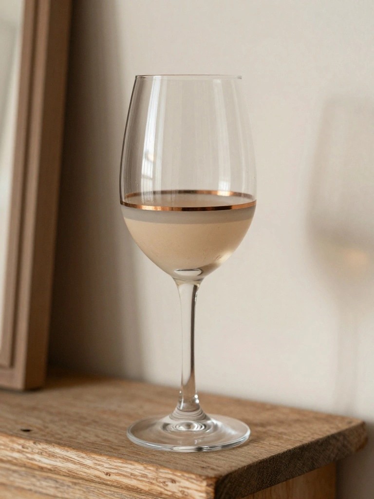 Wine glass with gold rim half-filled with pale liquid on wooden table