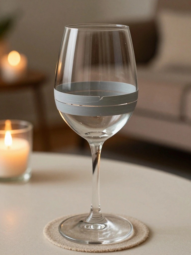Wine glass with gray tape around bowl on coaster near lit candles