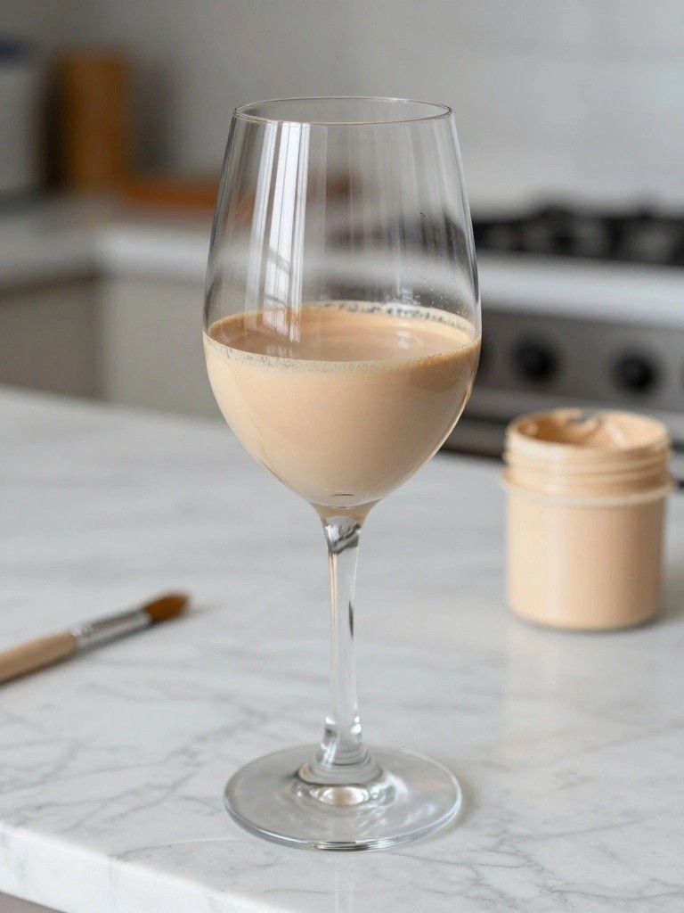 Wine glass of beige foundation beside open jar and makeup brush on marble counter