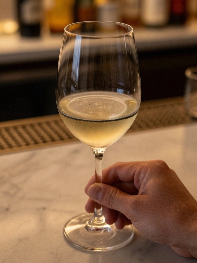 Hand holding stemmed glass of pale bubbly wine on marble bar counter