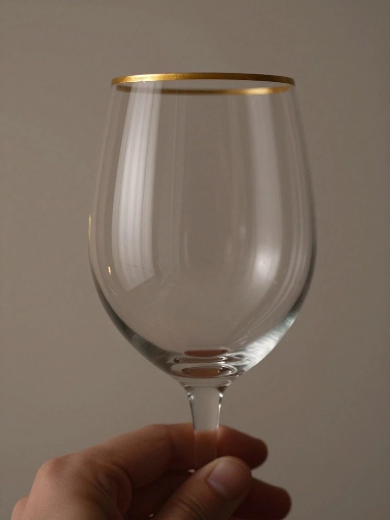 Hand holding clear wine glass with thin gold rim on plain background.