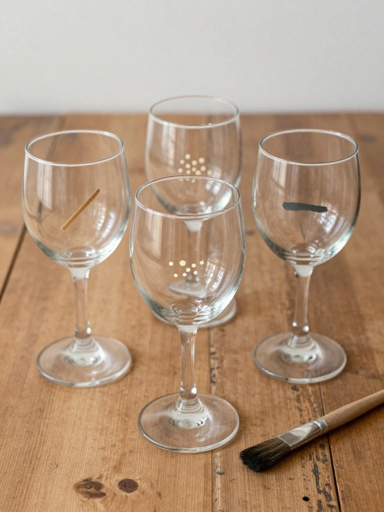 Four clear wine glasses with gold dots and dashes beside paintbrush on wood