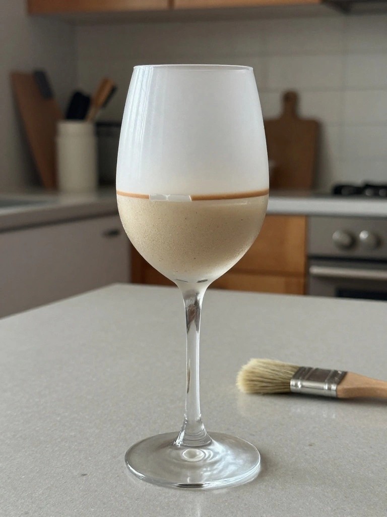 Wine glass of layered beige foam beside paintbrush on kitchen counter