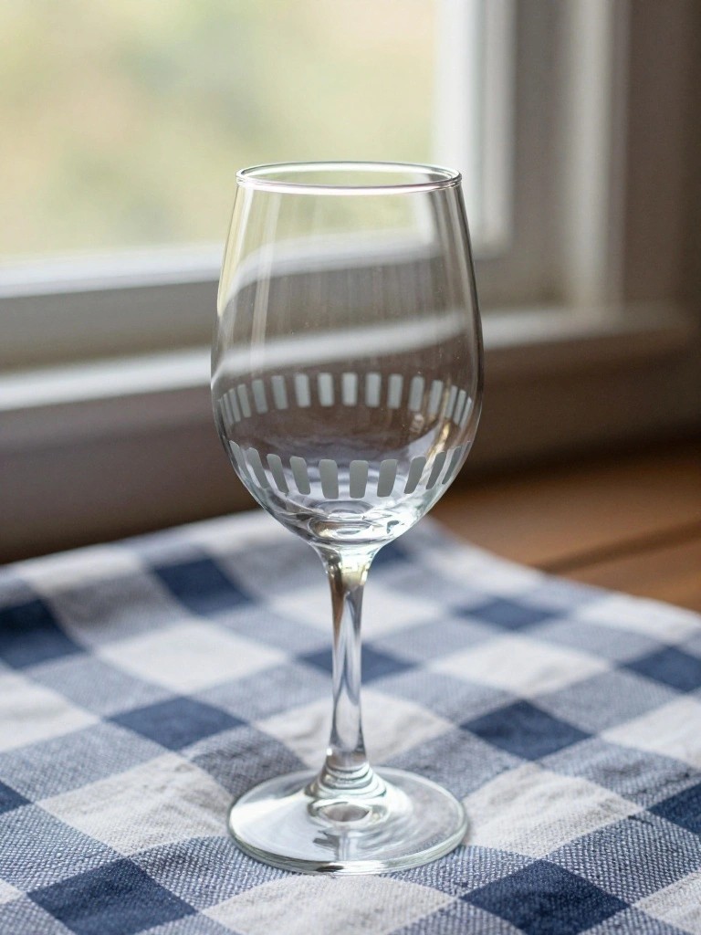 Clear wine glass with etched bands on blue checkered tablecloth by window.