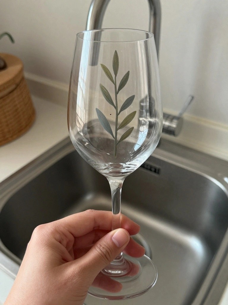 Hand holding wine glass with green leaf design above kitchen sink