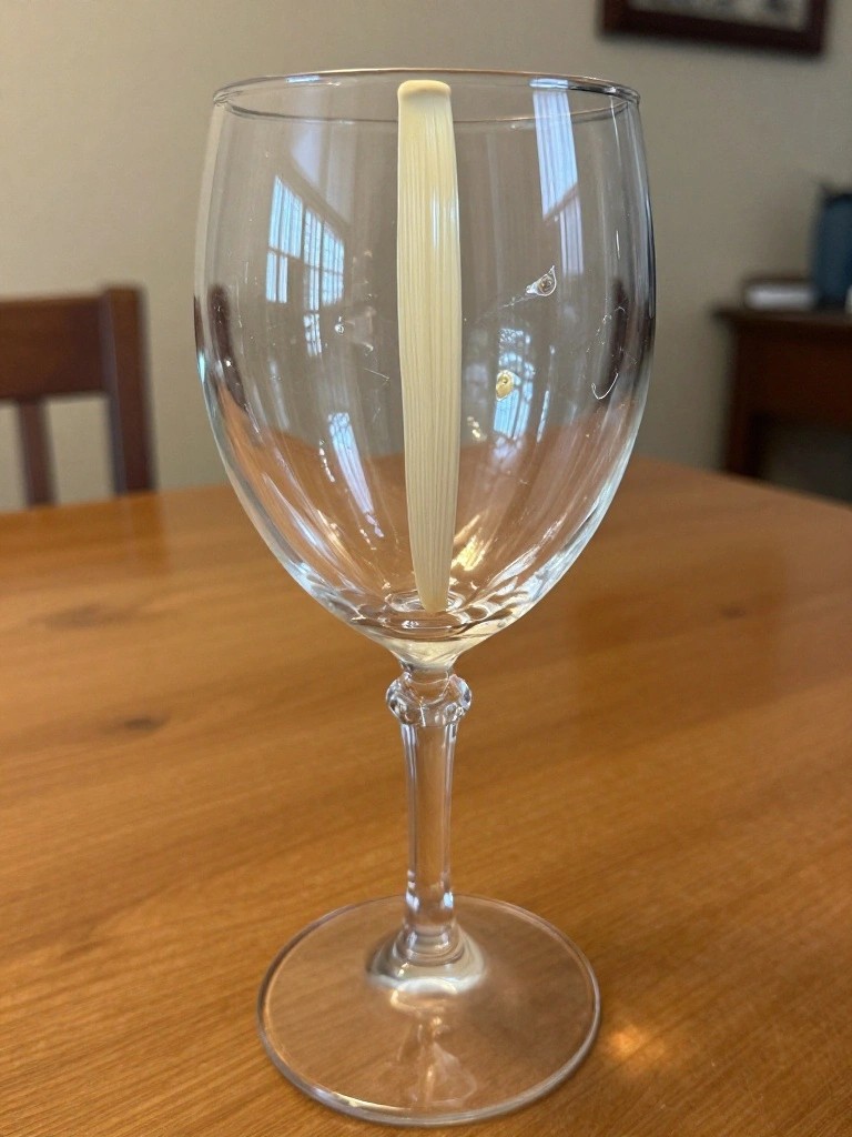 Clear wine glass with tall white candle inside on wooden table