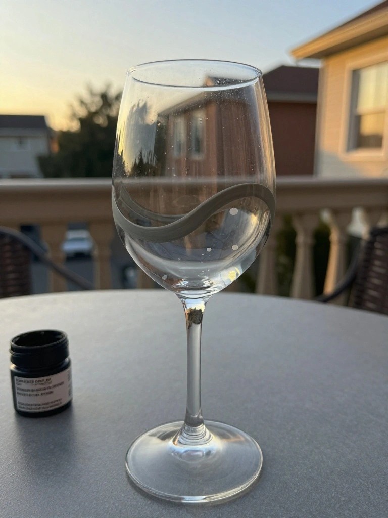 Wine glass with gray wavy stripe and dots beside black food coloring jar on table