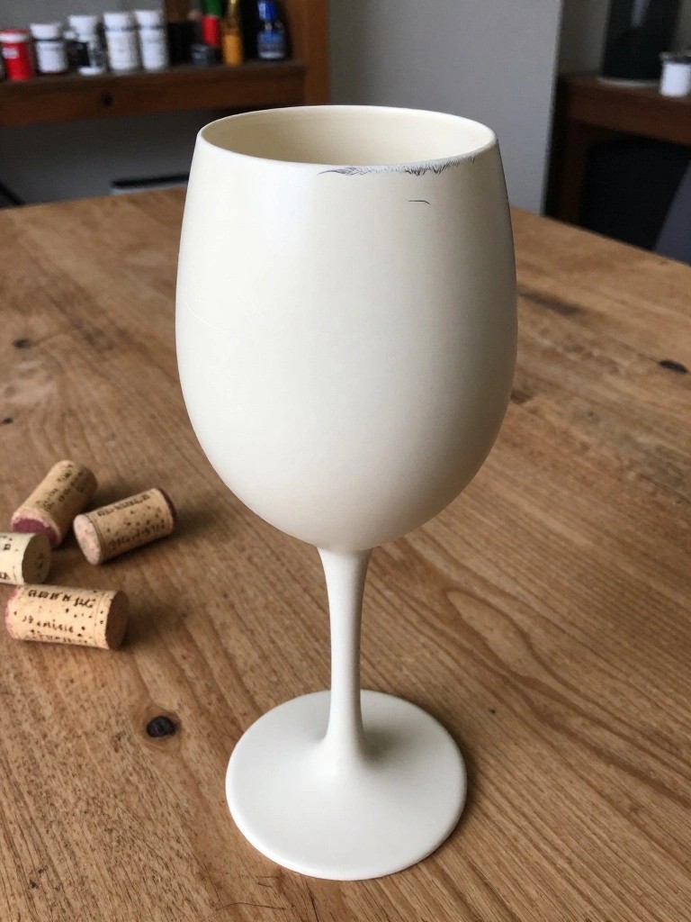 A white painted wine glass with a thin black line near the rim sits on a wooden table next to several wine corks.