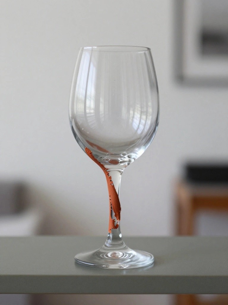 A clear wine glass with an orange bird design painted on the stem resting on a gray surface.