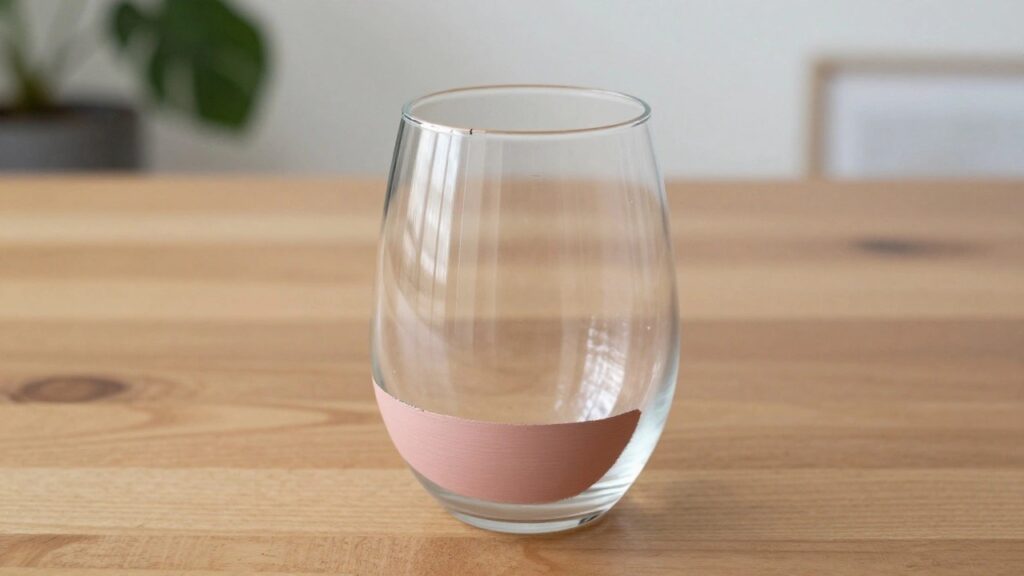 22 Modern Glass Cup Painting Ideas for Minimalist Everyday Drinkware Wine glass with pink lower half and gold rim holding pink liquid on wood table
