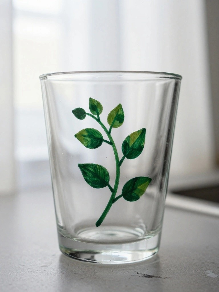 Clear glass cup with painted green leafy branch on light surface