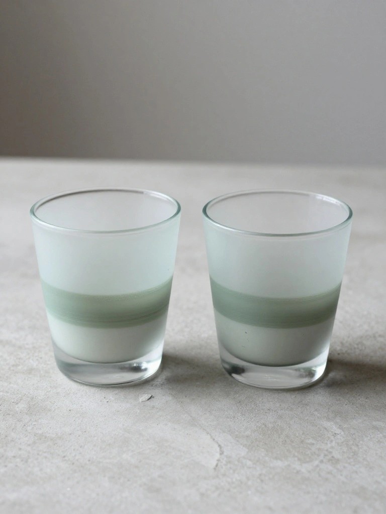 Two frosted glass cups with green stripes on a light surface