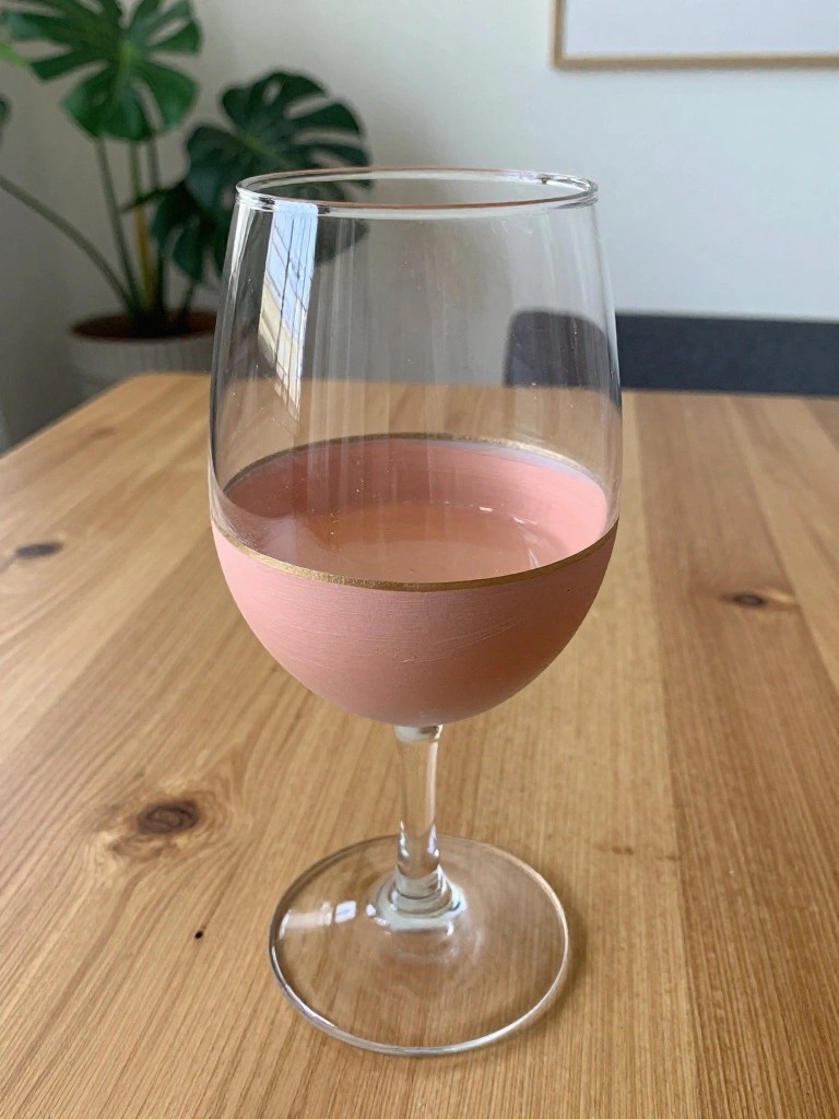 Wine glass with pink lower half and gold rim holding pink liquid on wood table