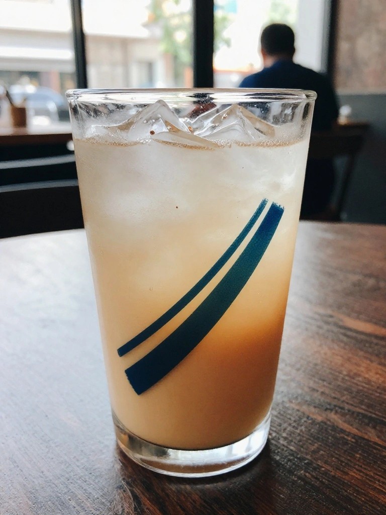 A clear glass tumbler filled with ice and a light brown drink, showing two diagonal dark teal stripes painted on the lower half.