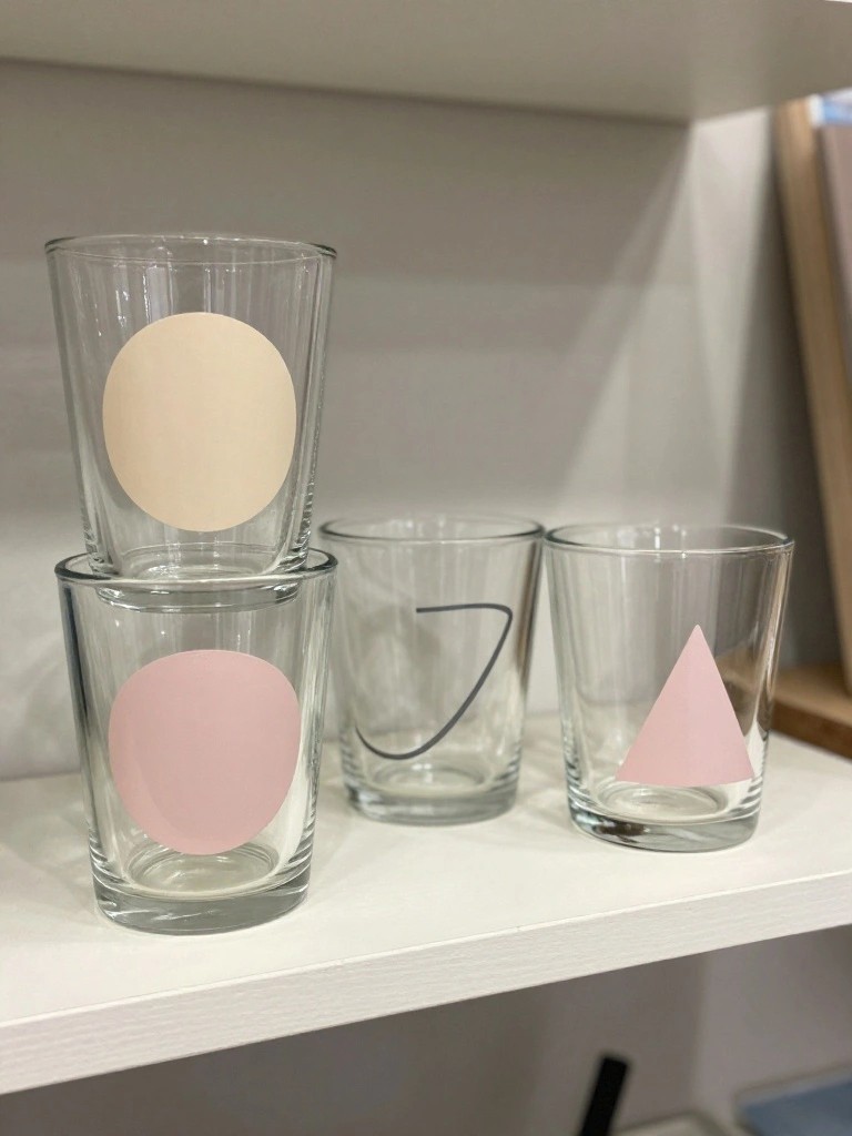 Four clear glasses on a shelf with pink beige circles, pink triangle, black curve.