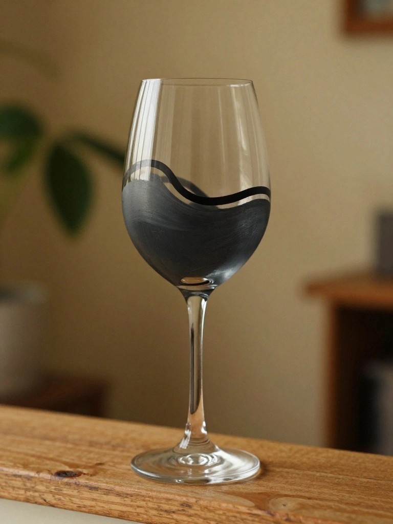 Clear wine glass with dark wavy paint design on wooden surface
