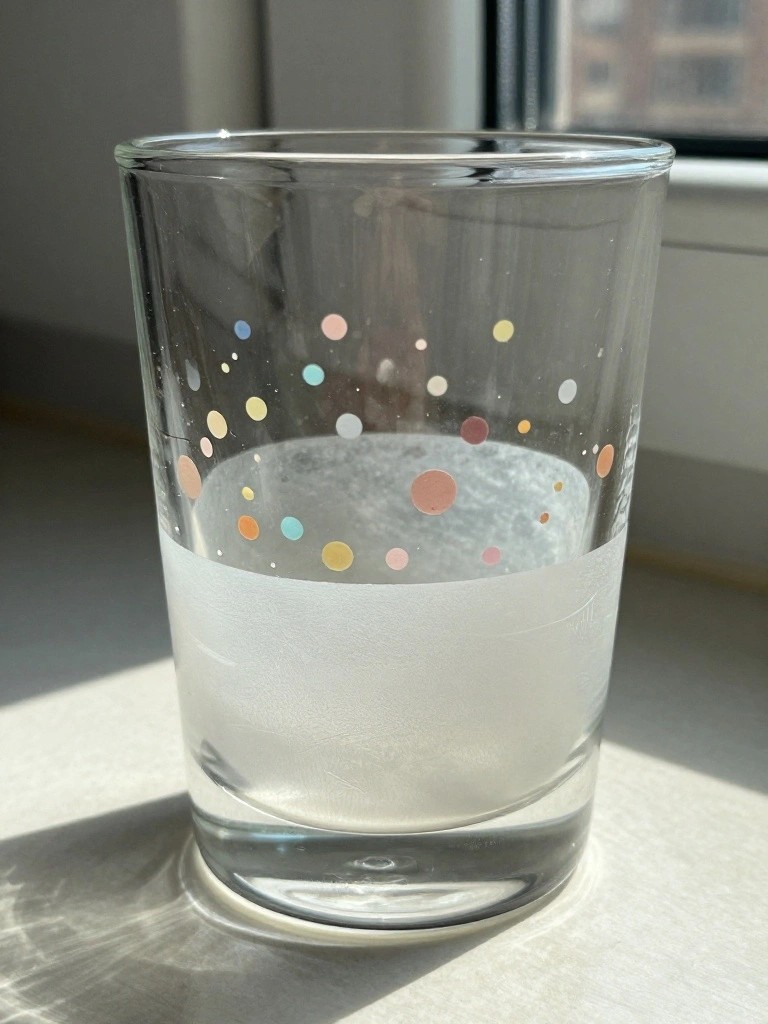 Clear glass with pastel polka dots above frosted band on sunny windowsill.