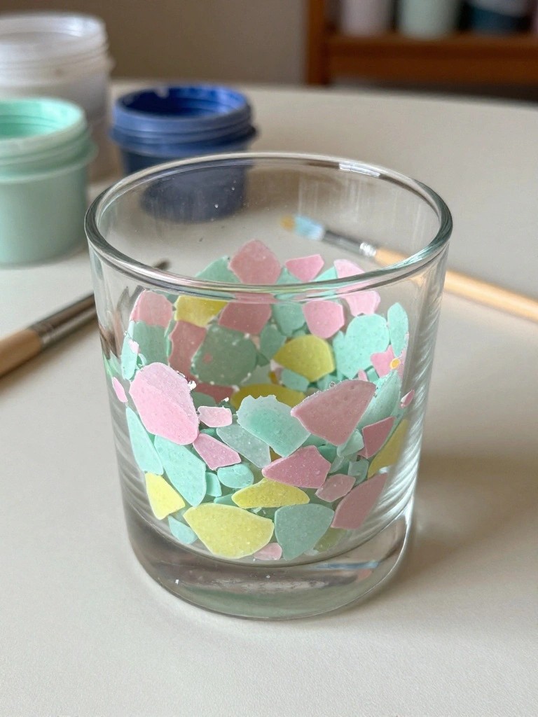 Glass cup filled with pastel pink, mint, and yellow mosaic shards on table