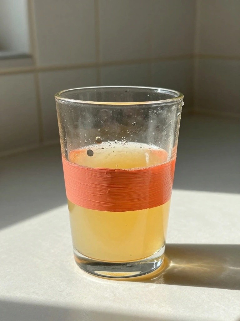 Glass of yellow liquid with orange band on white counter in sunlight