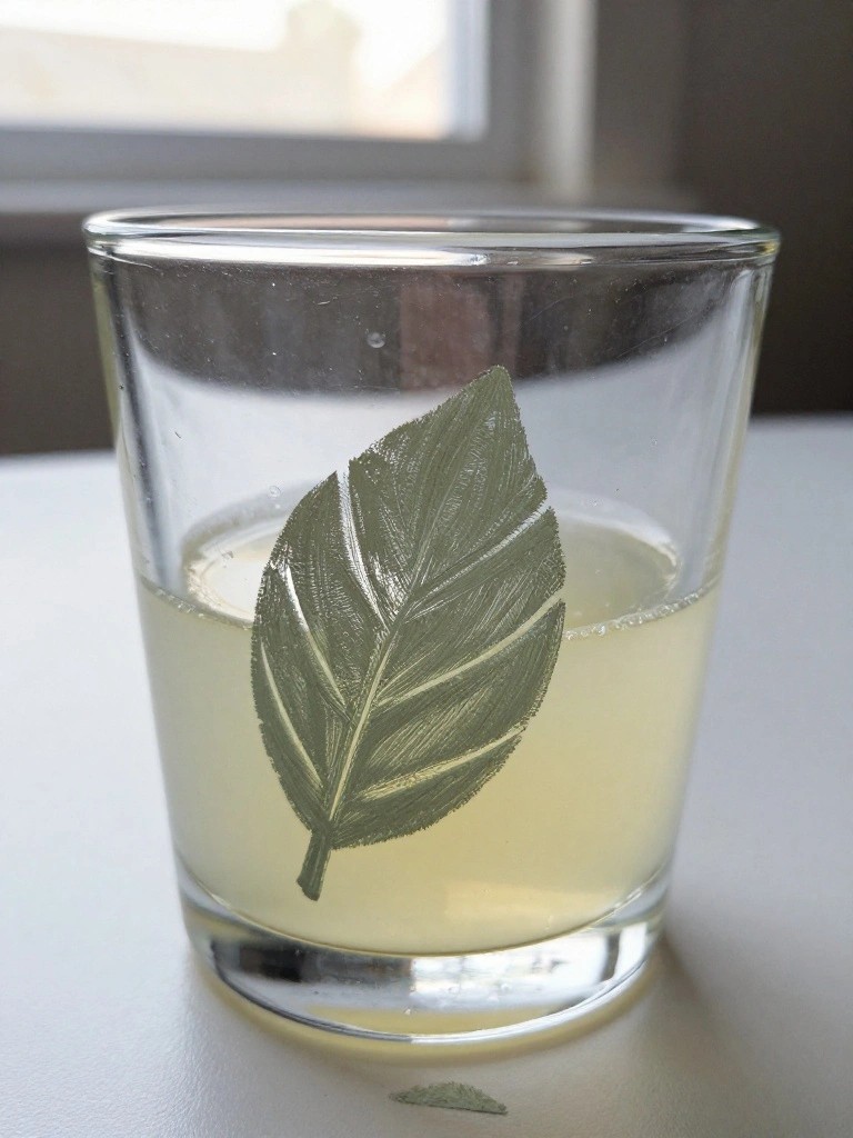 Glass of pale yellow liquid with green leaf design, small leaf nearby.