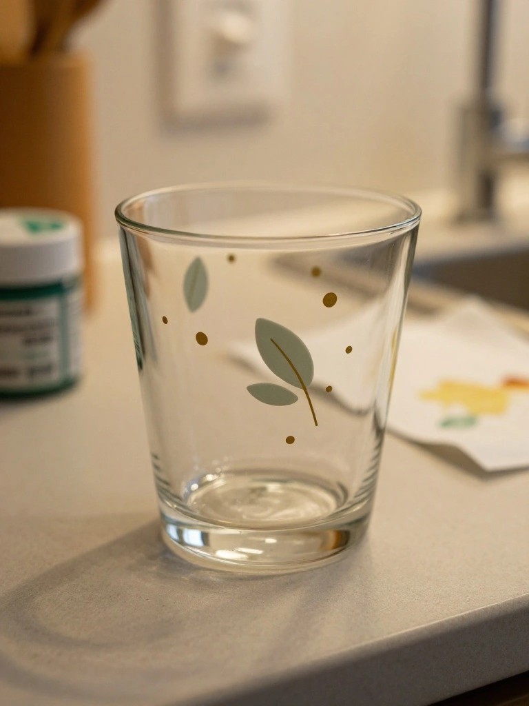 Clear glass cup with green leaf and brown dot patterns on countertop