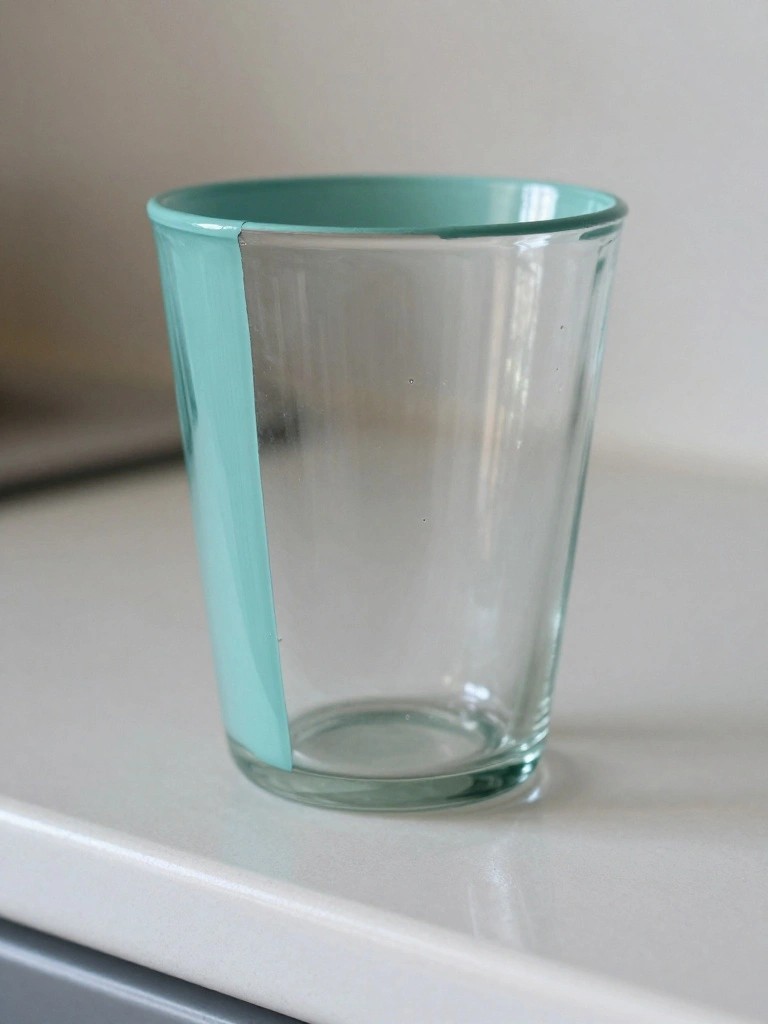 Clear glass tumbler with turquoise painted rim and side on white surface.