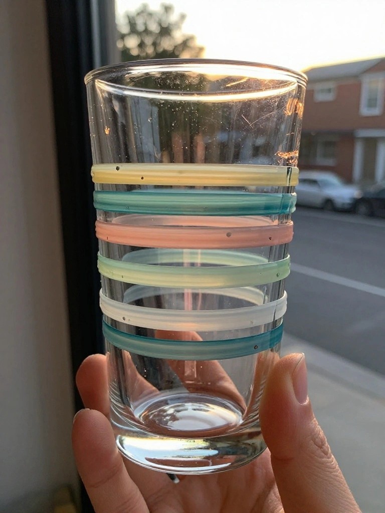 Hand holding clear glass with colorful rubber bands near window view