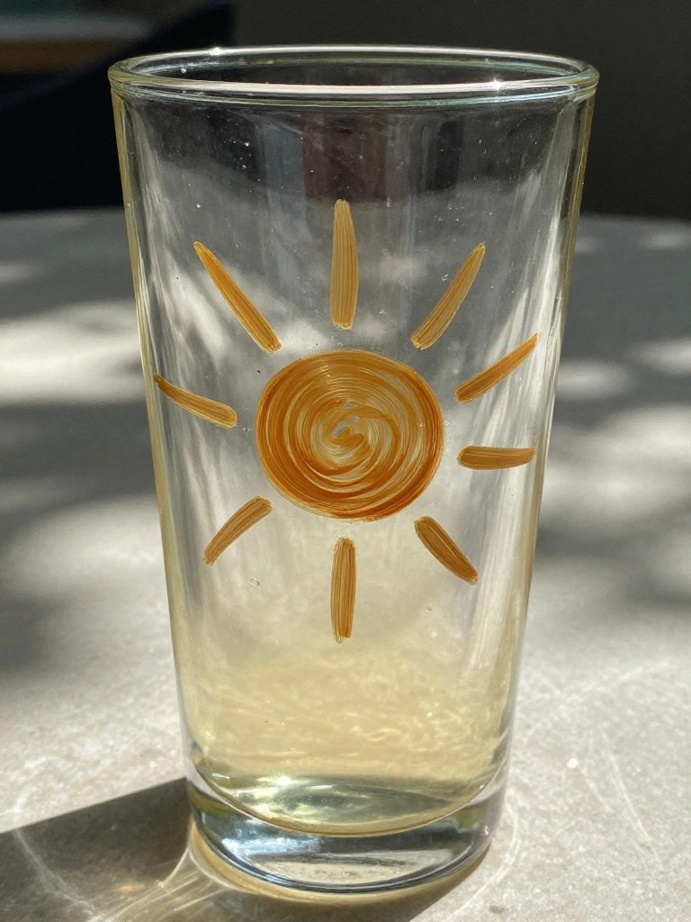 Clear glass with hand-painted orange sun and rays, holding pale liquid.