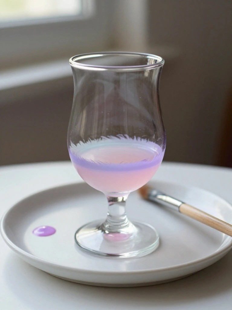 Glass goblet with purple feathered band on white plate beside paintbrush