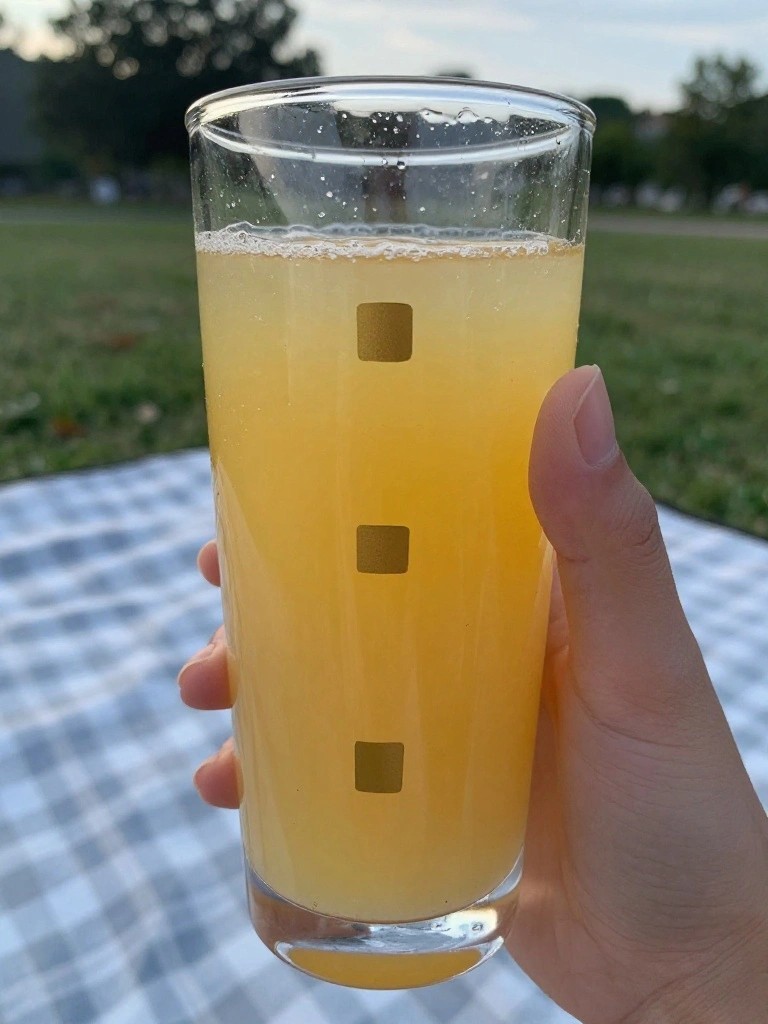 Hand holding glass of yellow drink with gold squares on checkered blanket outdoors