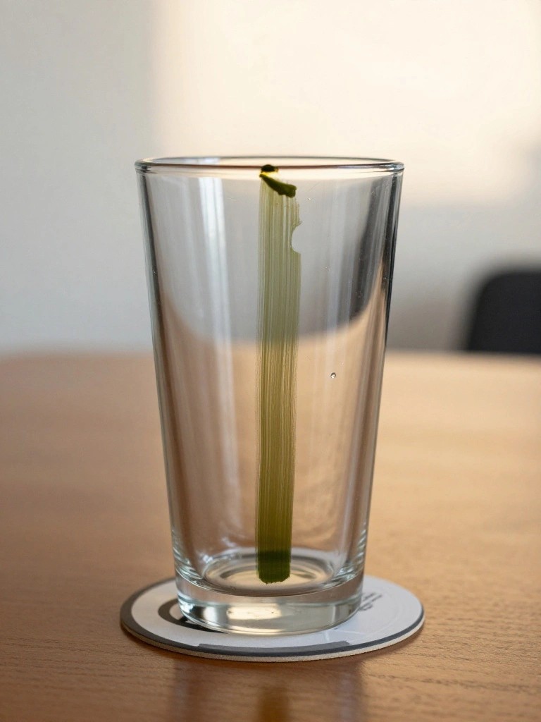 Clear drinking glass with a vertical green painted streak on a wooden table coaster.