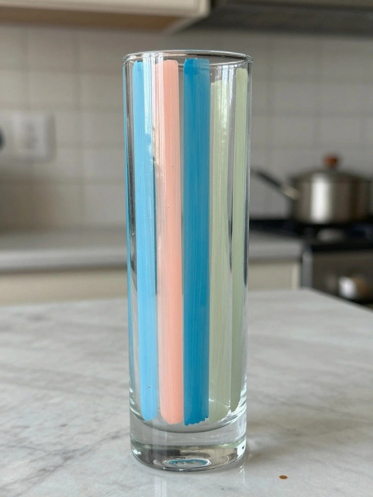 Tall glass with four pastel candles in blue, pink, blue, and green.