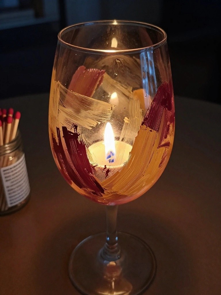 Lit candle in painted wine glass beside jar of matches on table