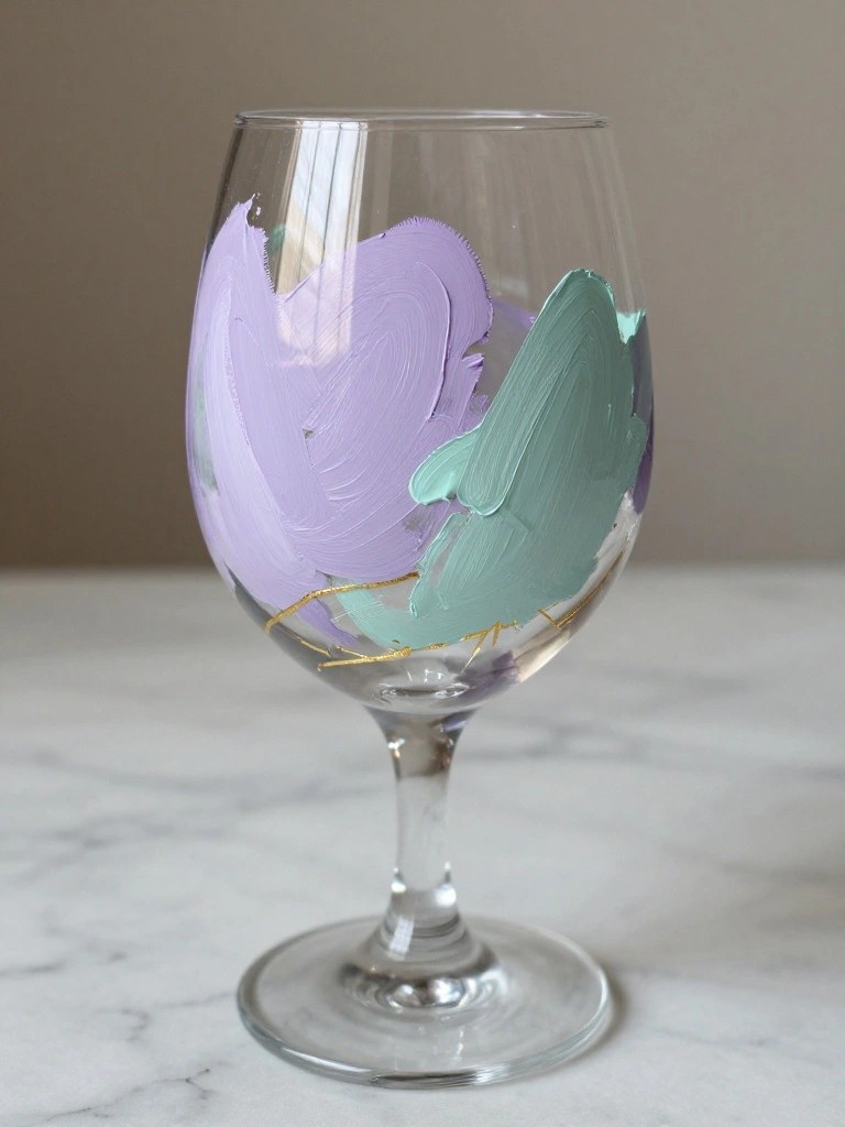 Wine glass with lavender and teal abstract strokes plus gold lines on marble.
