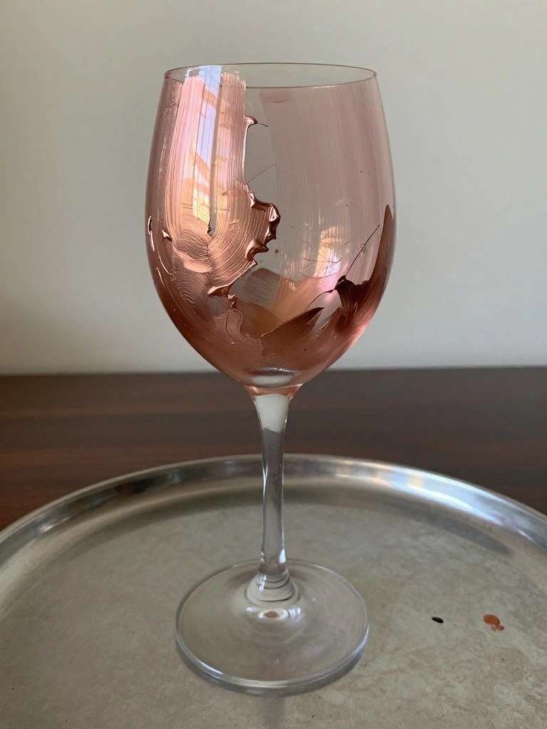 Wine glass with streaky rose-gold paint on a metal tray.