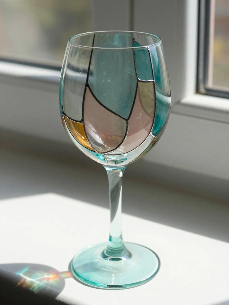 Stained glass wine goblet with teal, pink, and amber panels on sunny windowsill.