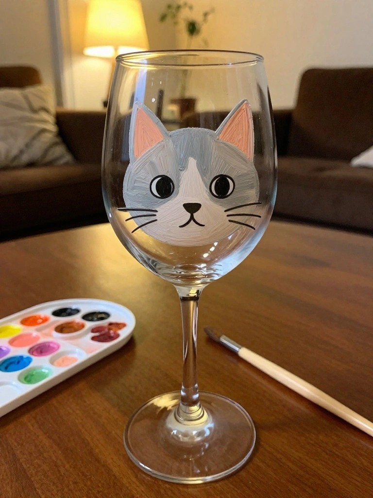 Wine glass with painted gray cat face beside watercolor palette and brush on table