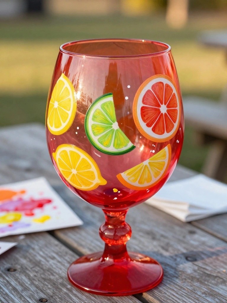 Red goblet hand-painted with lemon, lime, and orange slices on wooden table.