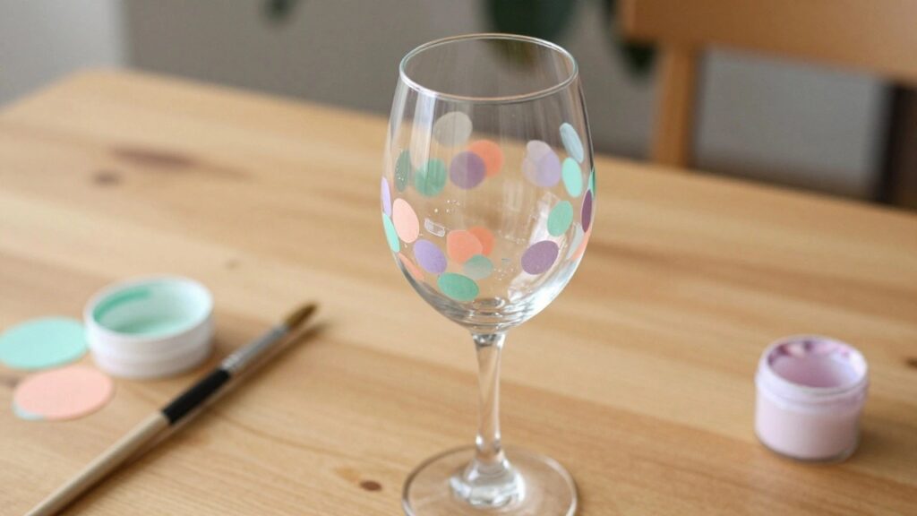 23 Unique Wine Glass Painting Ideas Designed for Party Favors Wine glass with pastel circle patterns beside paint jar and brush on wood table